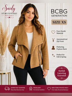 BCBG Generation Faux Suede Moto Jacket Tan XS Peplum Zip Front